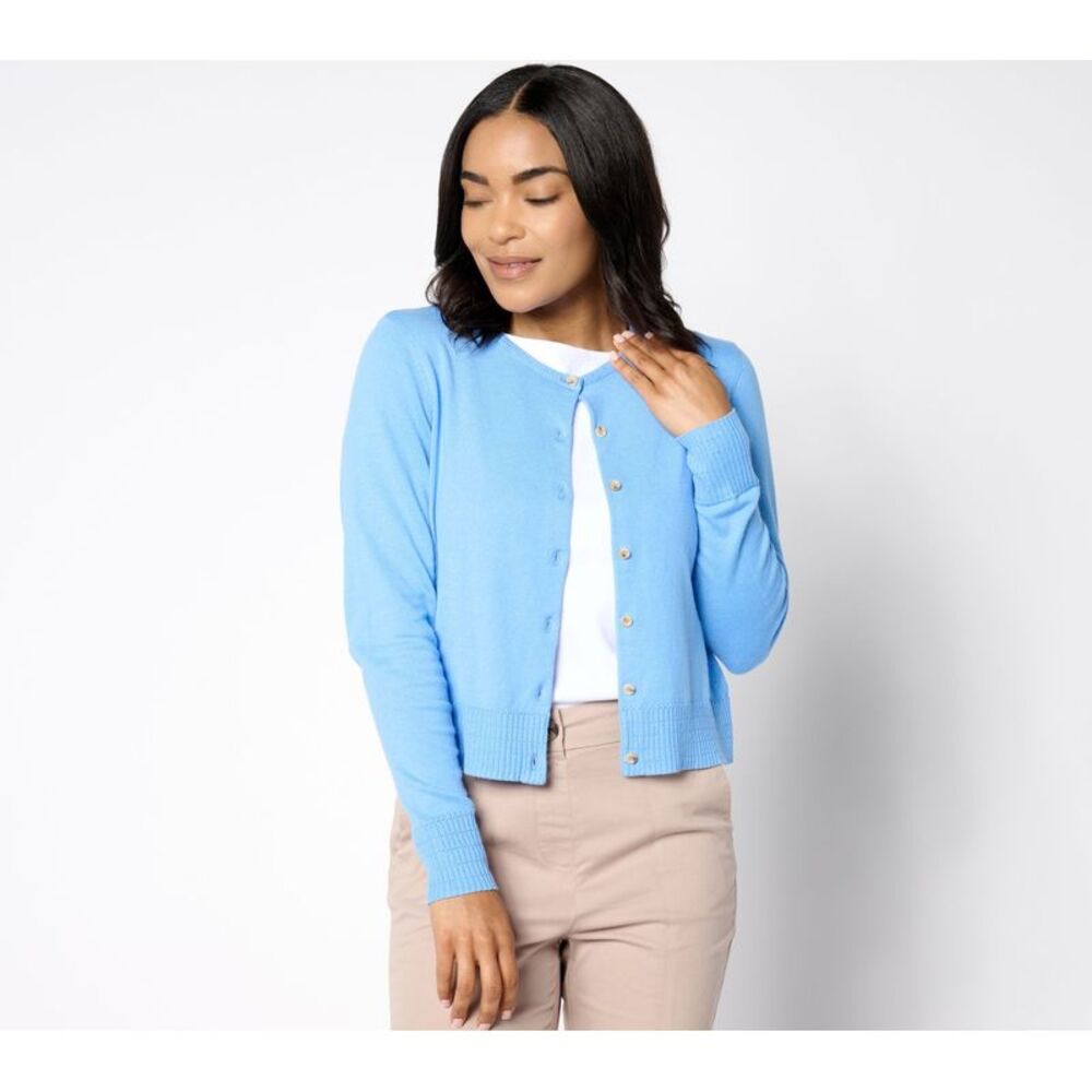 Top Knot Women's Plus Sz Sweater 1X Long Sleeve Pointelle Trim Blue